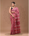 Maheshwari Silk Saree dark pink Handblock Printed With running blouse (Silk by Silk)