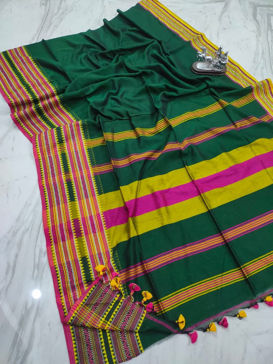 Cotton Saree Stripe Body Green 10% Off - IndieHaat