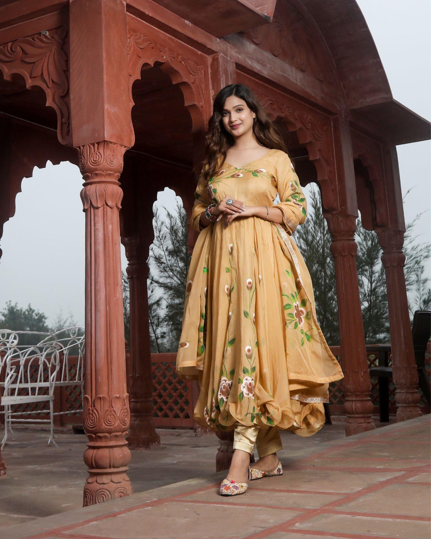 Organza Stitched Suit Honey Yellow Color Hand painted - IndieHaat