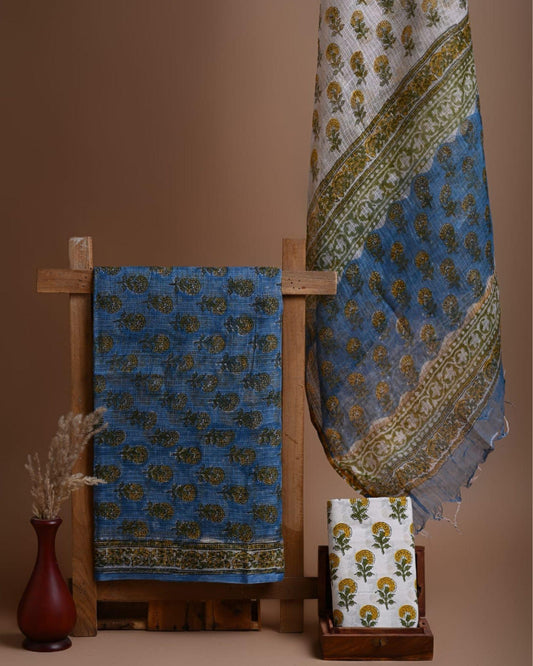 Kota Doria Suit (Top+Bottom+Dupatta) Blue Color Handblock printed - IndieHaat
