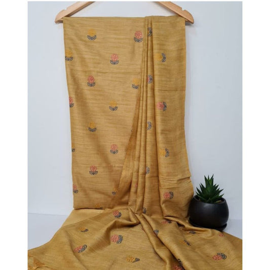 Khadi Cotton Digital Embroidered Mustard Yellow Suit Piece with Bottom and Dupatta-Indiehaat