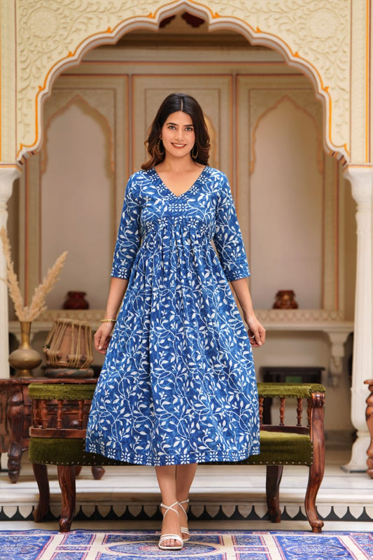 Pure Cotton Blue Color Handblock Printed Naira Cut V Neck Dress (Size: 36-46) - IndieHaat