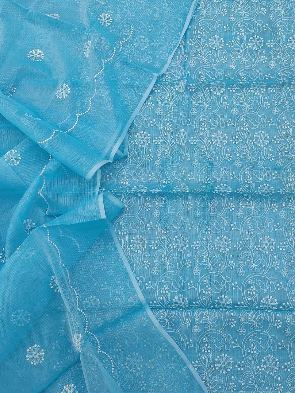 Kota Doria Embroidery Work Suits Vilking Blue Colour Top+Bottom+Dupatta