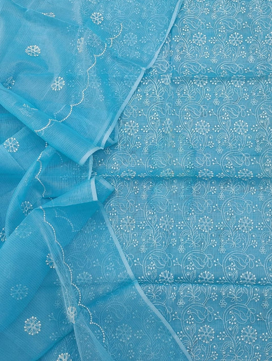 Kota Doria Embroidery Work Suit Material Vilking Blue Colour Top+Bottom+Dupatta-Indiehaat
