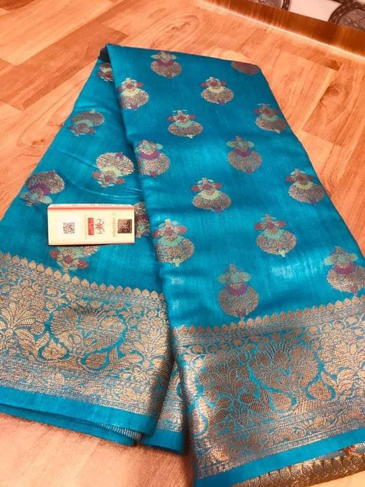 Tussar Moonga Banarasi Silk Saree Blue 13% Off - IndieHaat