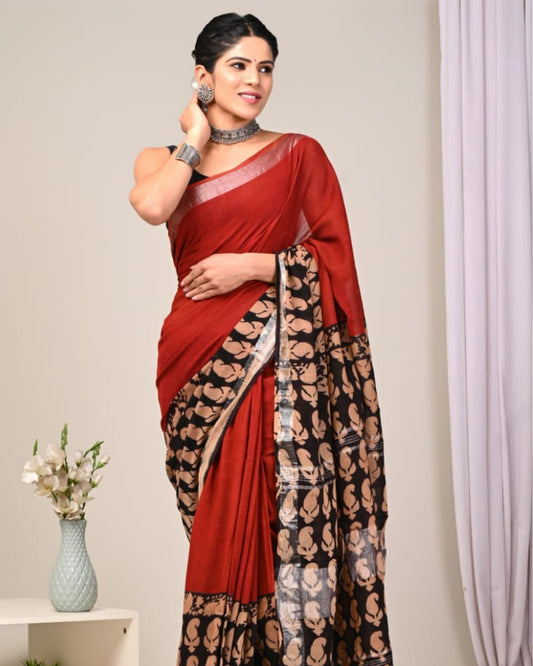Linen Saree Red Color Handblock Kalamkari Printed with running blouse - IndieHaat
