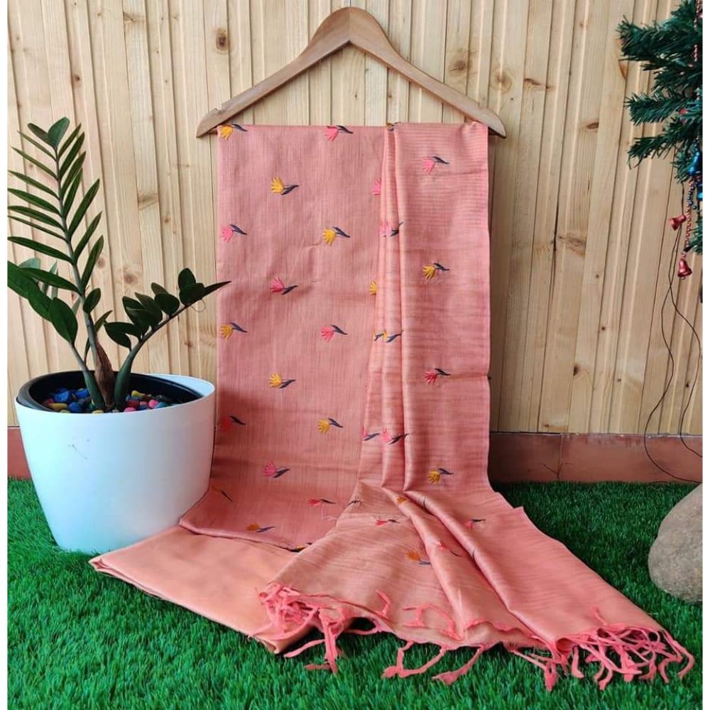 Khadi Cotton Digital Embroidered Pink color Suit Piece with Bottom and Dupatta-Indiehaat
