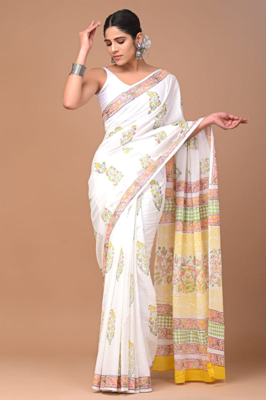 Mulmul Cotton Saree White Color Handblock Printed with running blouse - IndieHaat
