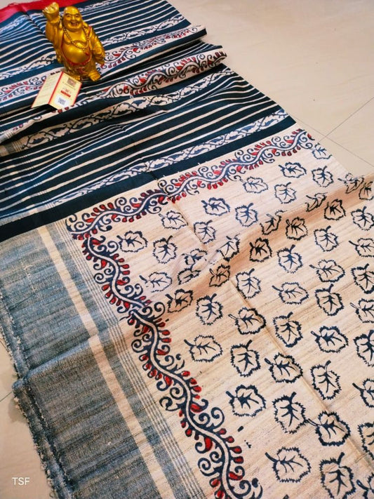 Silkmark Certifiied Tussar Silk Handloom Handblock Slate Grey Printed Saree with Blouse-Indiehaat