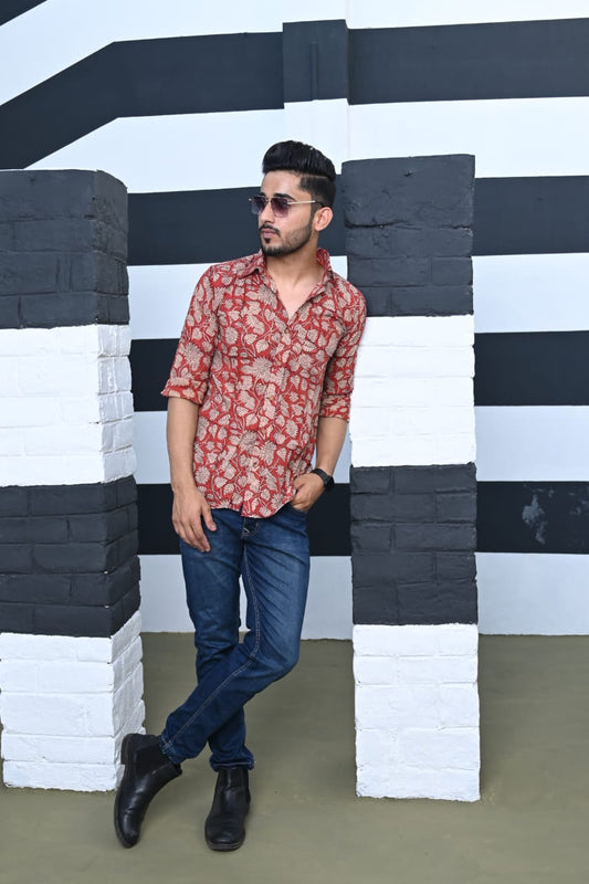 Hand Block Printed Pure Cotton Men'S Red Shirts (Full Sleeves) (Size 38-46)-Indiehaat