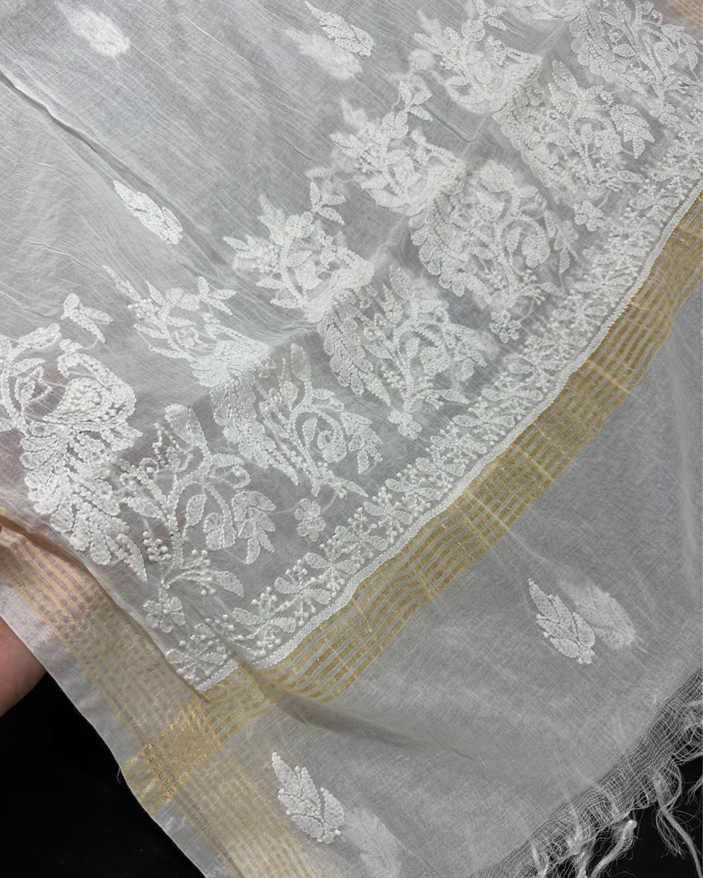Chanderi Silk Dupatta White Color with Chikankari work - IndieHaat