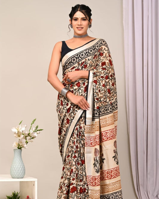 Linen Saree Peach Color Handblock Kalamkari Printed with running blouse - IndieHaat