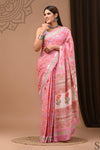 Mulmul Cotton Blockprinted Creative Pink Saree
