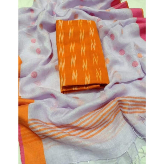 Pure Linen Grey Dupatta With Orange Ikkat Kurti Material-Indiehaat