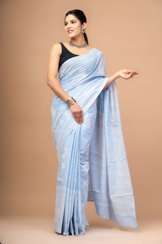 Mulmul Cotton Saree Pale Sky Blue Color Handblock Printed with running blouse - IndieHaat