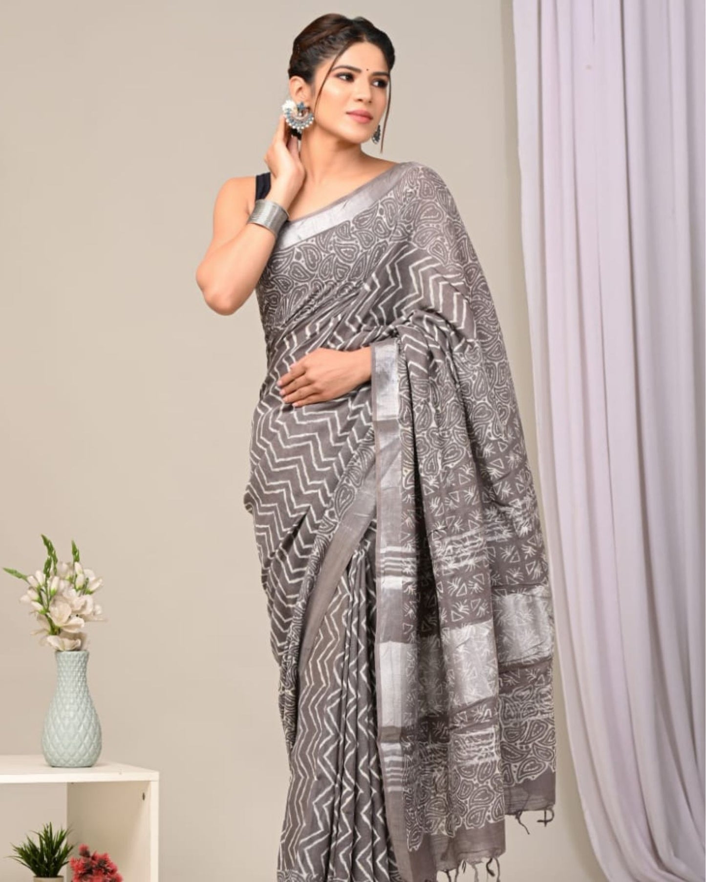 Linen Saree Ash Grey Color Handblock Kalamkari Printed with running blouse - IndieHaat