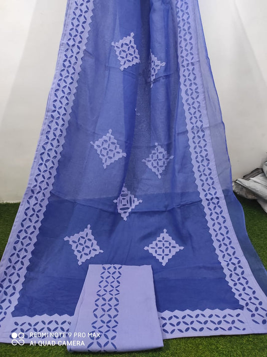Organdy Cotton Saree Applique work Blue Colour with running blouse-Indiehaat