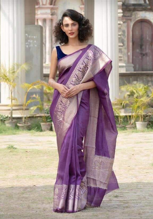 Silk Linen Weaving Design Jacquard Handloom Purple Saree with Running Blouse-Indiehaat