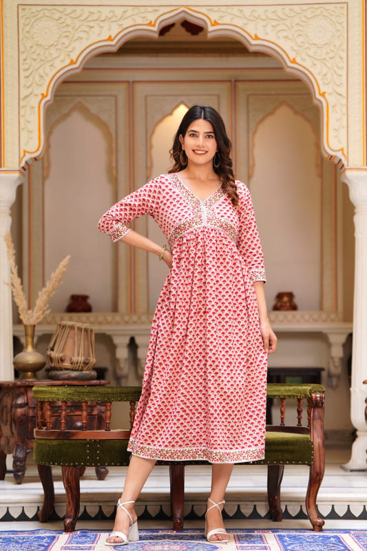 Pure Cotton Light Pink Color Handblock Printed Naira Cut V Neck Dress (Size: 36-46) - IndieHaat