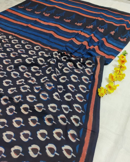 Pure Mulmul Cotton Saree Dark Charcoal Grey Color Jahota Block Print with running blouse - IndieHaat