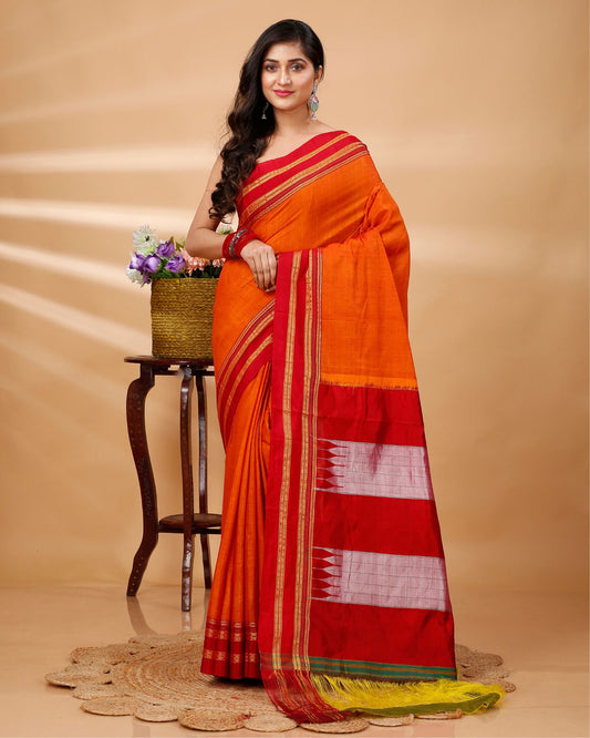 ILKAL Handloom Cotton Silk Saree Gajari Color with running blouse - IndieHaat