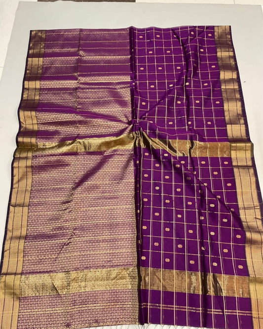 Maheshwari Handloom Pure Tissue Silk Saree Dark Purple Color with running blouse - IndieHaat