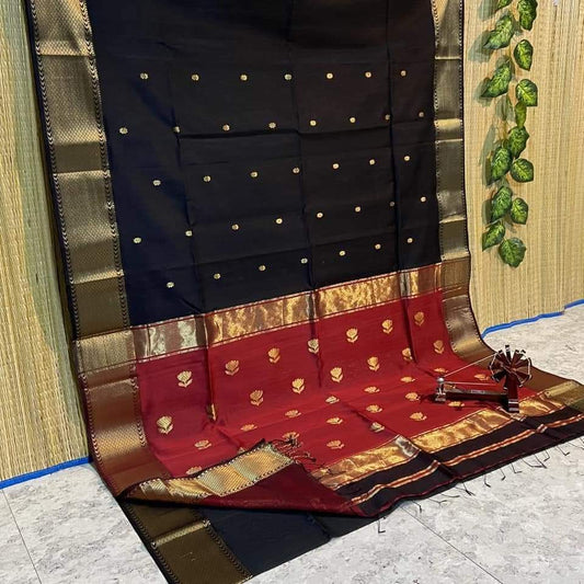 Maheshwari Cotton Silk Saree Butta Body, Lotus design Pallu Black Color with golden zari weaving and contrast blouse - IndieHaat