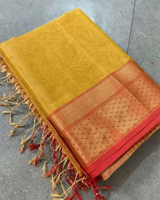 Pure Maheshwari Handwoven Tissue Silk Saree Goldenrod Yellow Color with running blouse - IndieHaat