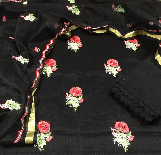 Kota Doria Embroidery Black Suit Material with Matching Dupatta and Chikenkari Bottom-Indiehaat