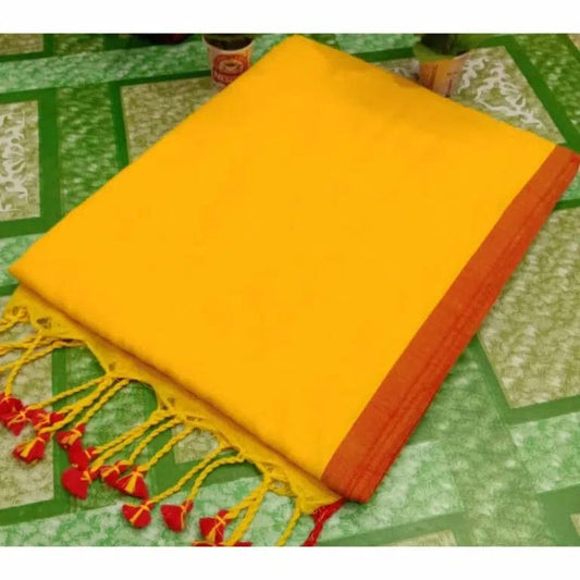 Save Big on Pure Handloom Mul Cotton Yellow Saree 120 Count (Without Blouse)-Indiehaat