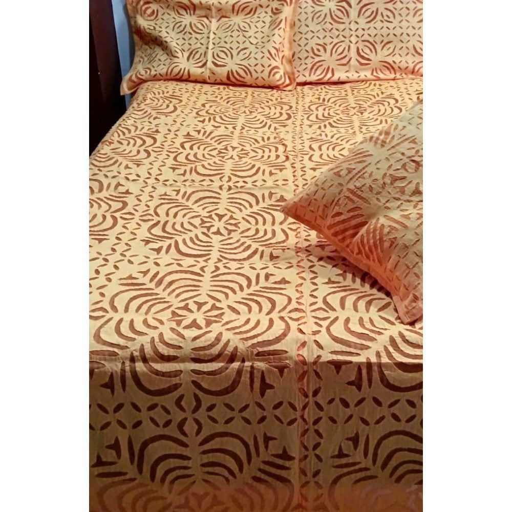 Handcrafted Orange Aplique Work King Size Double Bed Cover (7.5 Ft X 9 Ft)
With 2 Pllow Covers And 2 Cushion Covers-Indiehaat