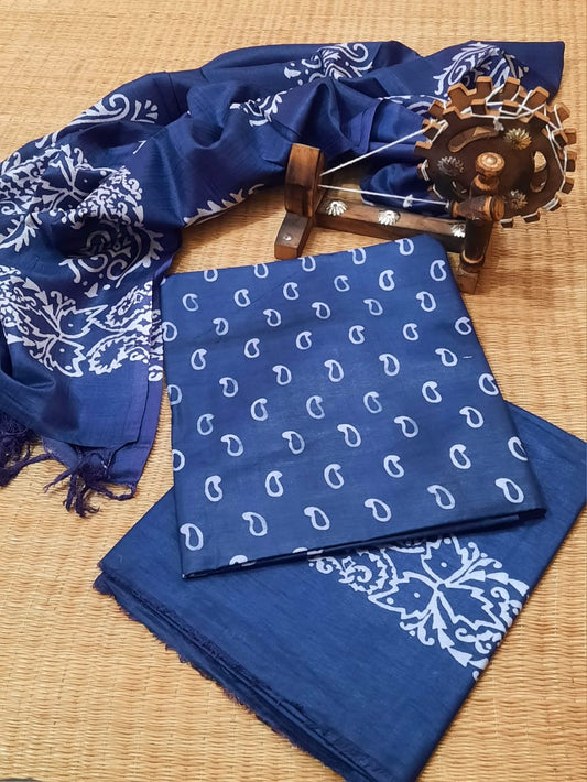 Katan Silk Suit Indigo Blue Color Indigo Handblock Print with Top+Bottom+Dupatta - IndieHaat