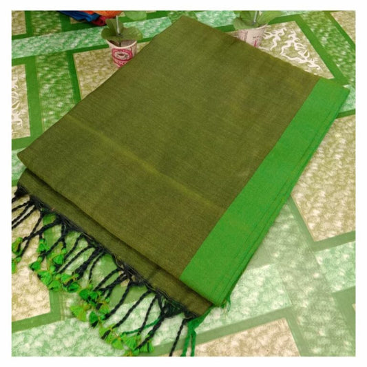 Pure Handloom Mul Cotton Green Saree 120 Count (Without Blouse)-Indiehaat