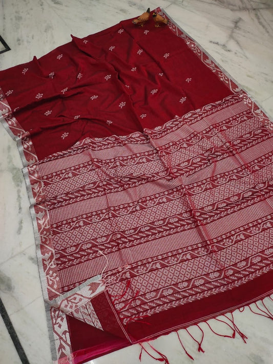 Cotton Saree Handloom Red 12% Off - IndieHaat