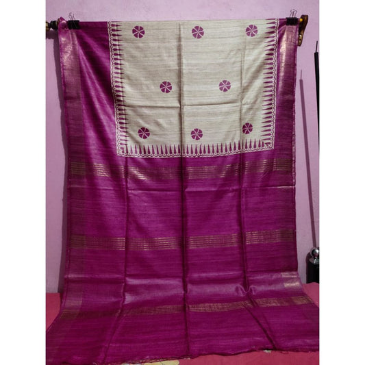 Silkmark Certified Tussar Silk Handloom Handblock Printed Biege Saree-Indiehaat