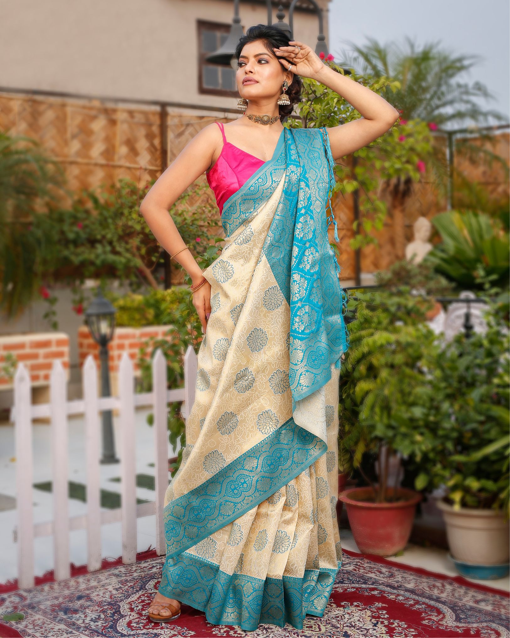 Kashmiri Modal Silk Saree Light Beige Color with Cyan Blue Pallu and blouse - IndieHaat