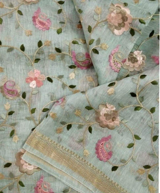 Silk Linen Embroidered Handloom Pista Green Saree with Blouse-Indiehaat
