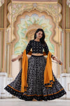 Handblock Printed Cotton Black and Yellow Lehanga And Top With Mulmul Dupatta | Indiehaat