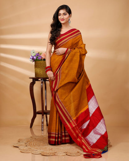 ILKAL Handloom Cotton Silk Saree Metallic Orange Color with running blouse - IndieHaat