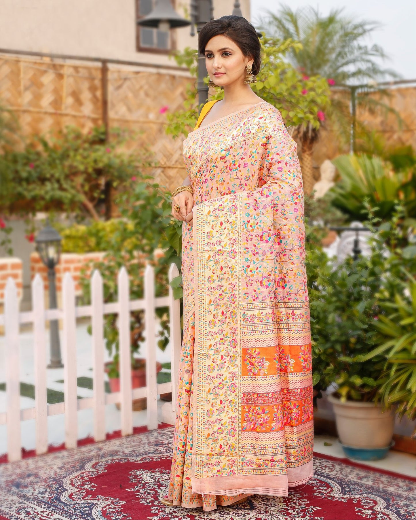 Kashmiri Modal Silk Saree Pastel Pink & Multicolor Color with contrast pallu and blouse - IndieHaat