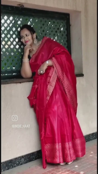 3790-Silkmark certified Chanderi Silk Red Saree with Running Blouse