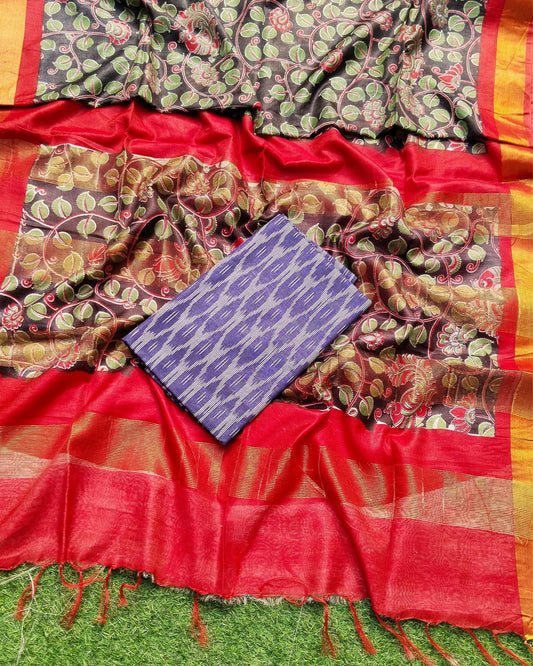 Kota Staple Silk Saree Multicolor Color Madhubani Print with Contrast Blouse - IndieHaat