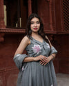Organza Stitched Suit Dark Gray Color Hand painted - IndieHaat