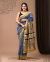 Pure Maheshwari Silk Saree Blue Handblock Printed with running blouse