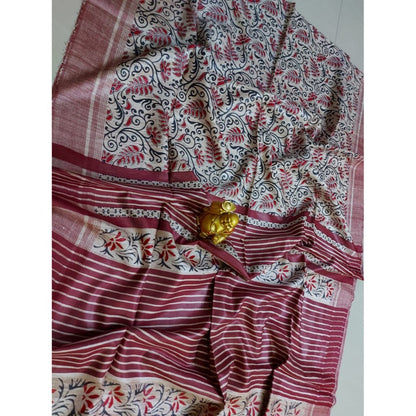 Silkmark Certified Tussar Silk Handloom Handblock Printed Maroon Saree with Blouse-Indiehaat