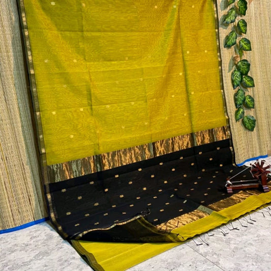 Maheshwari Silk Saree Butta Body Mustard Yellow Color with golden zari weaving border and running blouse (Butta Design) - IndieHaat