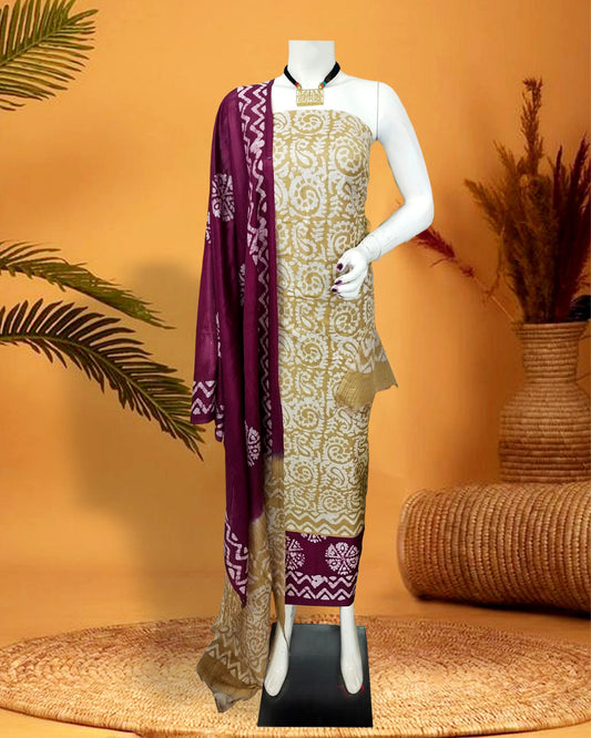 Katan Silk Suits Dark Khaki Brown Color Batik Print - IndieHaat