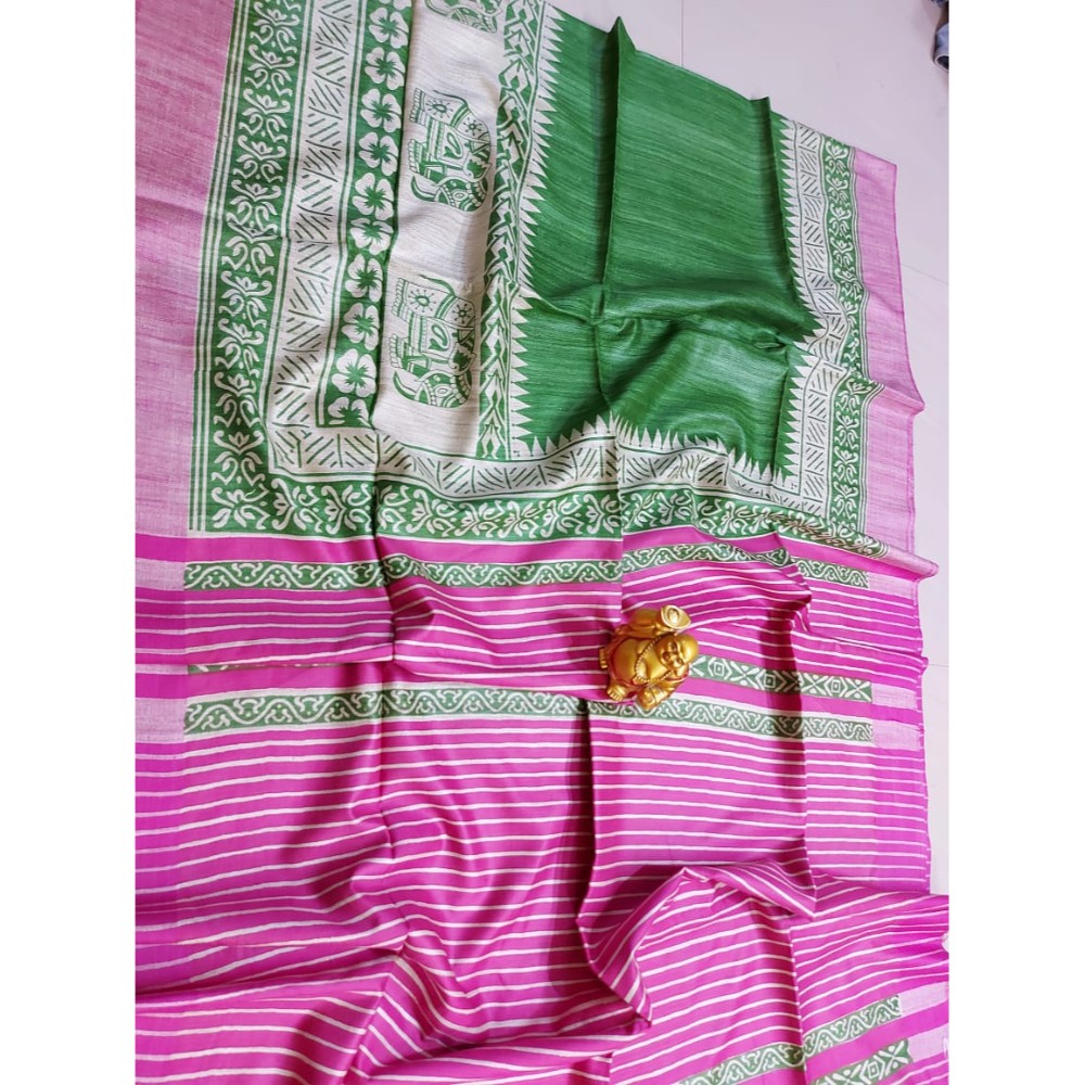 Silkmark Certified Tussar Silk Handloom Handblock Printed Green and Pink Saree with Blouse-Indiehaat