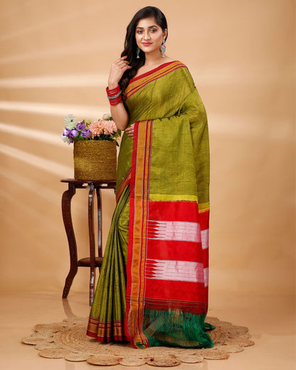 ILKAL Handloom Cotton Silk Saree Olive Green Color with running blouse - IndieHaat