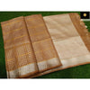 Pure Linen Check Design Handloom Brown Saree with Running Blouse-Indiehaat